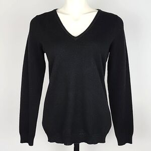 Jones & Co. 100% Womens Merino Wool V-Neck Sweater Black Fine Knit Lightweight M
